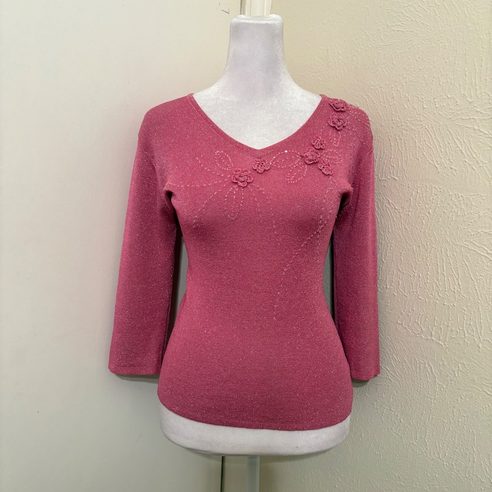 Pink Metallic Glitter Knit Top V-Neck Beaded Floral 3/4 Sleeve Blouse Girly Y2K